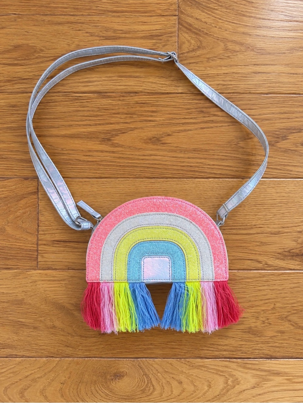 Kids Rainbow Fringe Crossbody Bag - Silver Strap, Multi-color